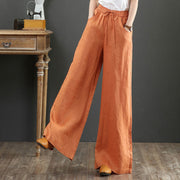 Pantalon uni en coton et lin pour femme, taille haute et jambe large