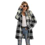 Cardigan en peluche d'hiver à carreaux imprimés pour femmes, décontracté et à longue veste