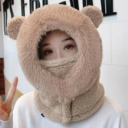 Masque à oreilles d'ours en peluche épais, une seule pièce, chapeau, foulard