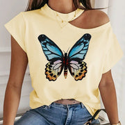 T-shirt décontracté, sexy et sans manches, imprimé de papillons, pour femmes