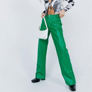 Pantalon en cuir pour femme, couleur unie, taille haute, avec poches