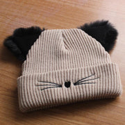 Chapeau tricoté d'hiver pour femmes, brodé de mignonnes oreilles de chat