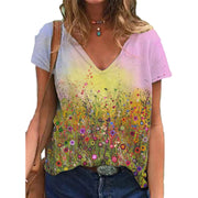 T-shirt à manches courtes imprimé col V coloré pour femmes en été