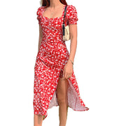 Robe féminine décolletée à encolure carrée, manches bouffantes et fente haute, imprimé floral