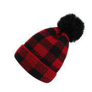 Boule de laine d'hiver à carreaux rouges Chapeau tricoté chaud pour parents et enfants